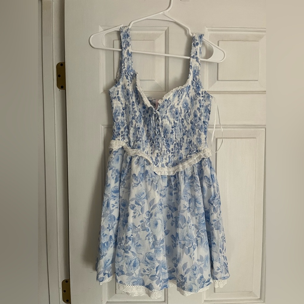 Blue Floral Lace Dress Mini